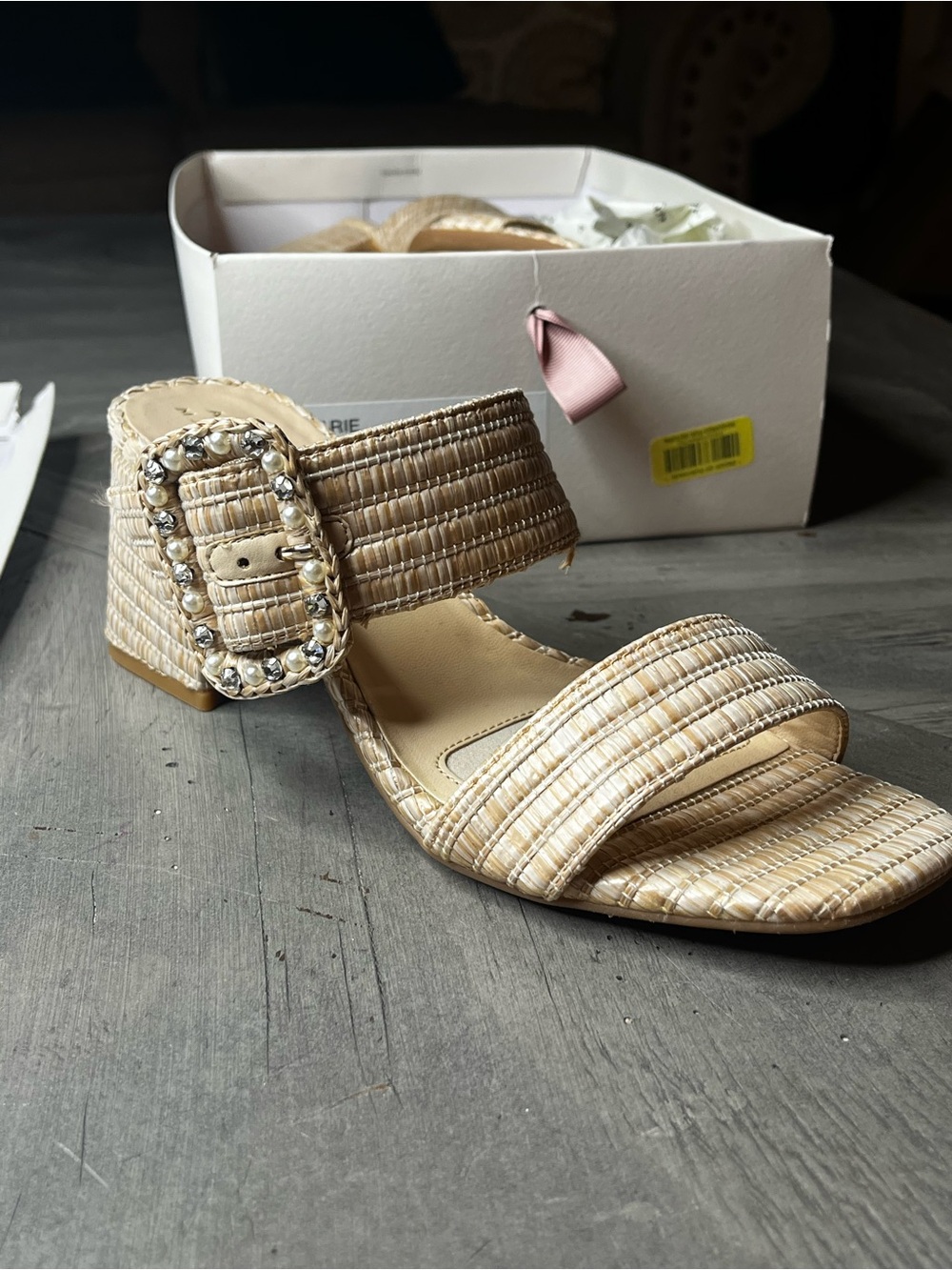 Alex Marie Beige Woven Slide Heel with Jeweled Buckle